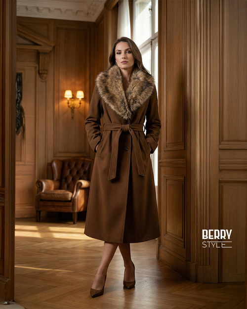 Pallto elegante bezhë me jakë luksoze dhe rrip në bel